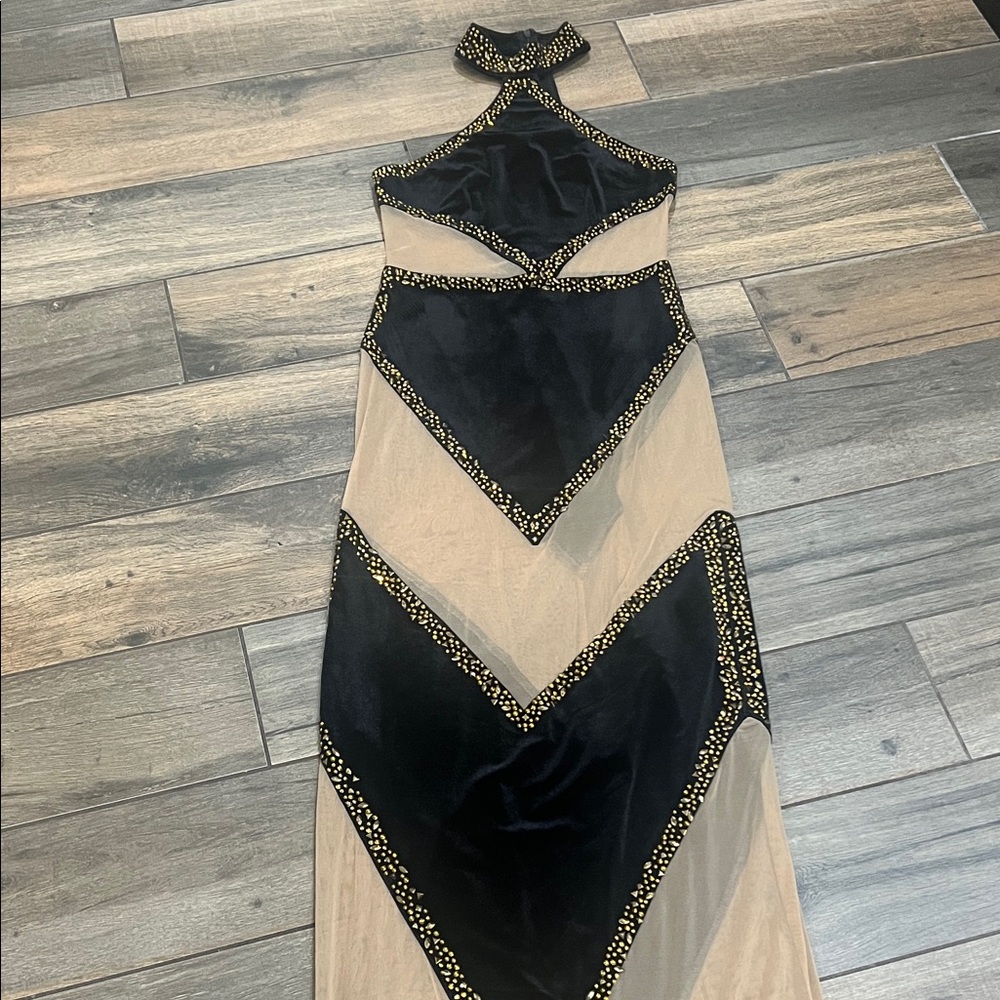 Beautiful Banjul velvet Black and sheer Tan Dress with elegant embellishments